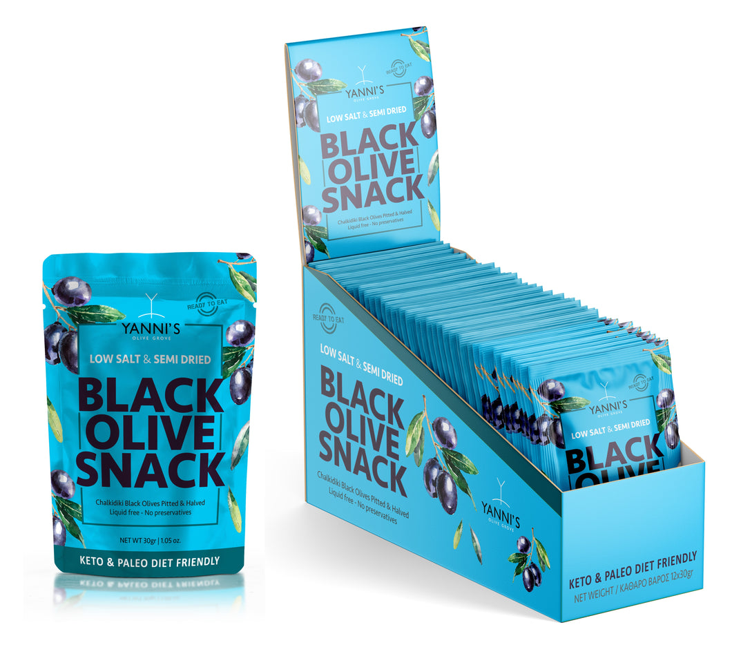 Low Salt & Semi Dried Black Olive Snack NO Sugar Added 1.05 Oz (12 Pack)