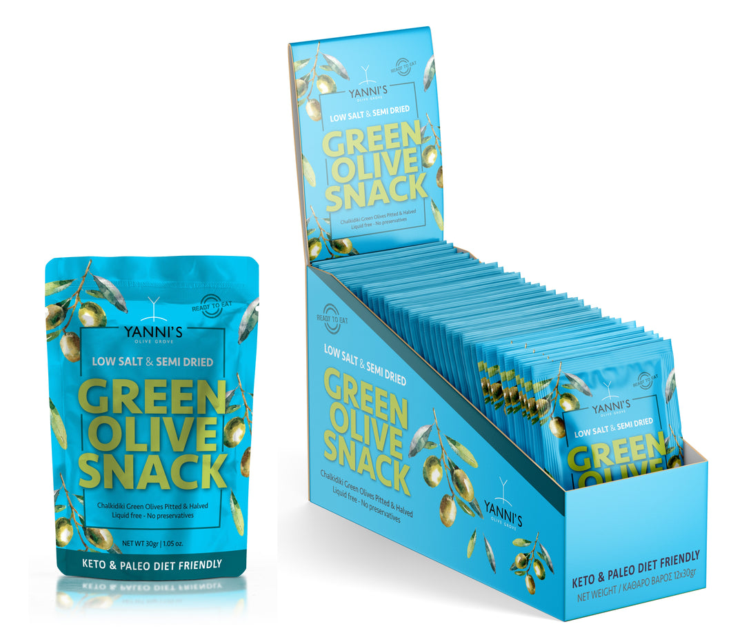 Low Salt & Semi Dried Green Olive Snack NO Sugar Added 1.05 Oz (12 Pack)